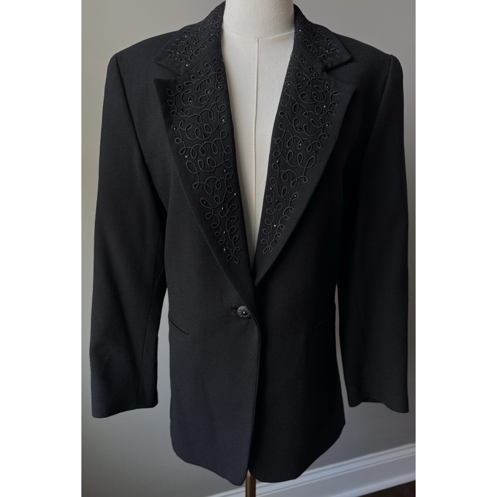 Black Wool Blazer Women 10 Beaded Evening Jacket Harlan Vintage